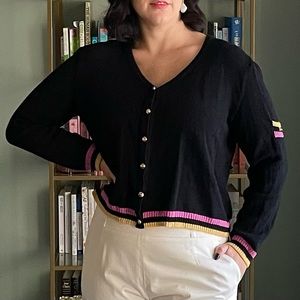 ST. JOHN Sport Knit Vintage Cardigan Black Yellow Pink Stripe Size Medium